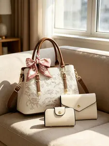 Women's Floral Jacquard Handbag Set, Crossbody Purse, Twilly Scarf, Wallet & Card Holder, Casual Ethnic Style, All Seasons