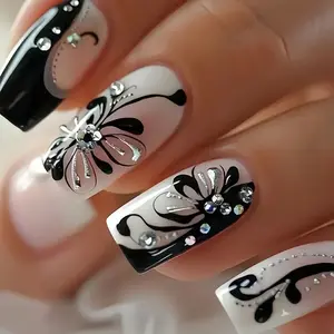 Black floral line nail art with diamond on middle length European style press on nails set of 24 pieces
