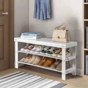 3-Tier Bamboo Shoe Rack for Entryway & Hallway, Space-Saving Compact Storage Organizer with Elegant White Finish