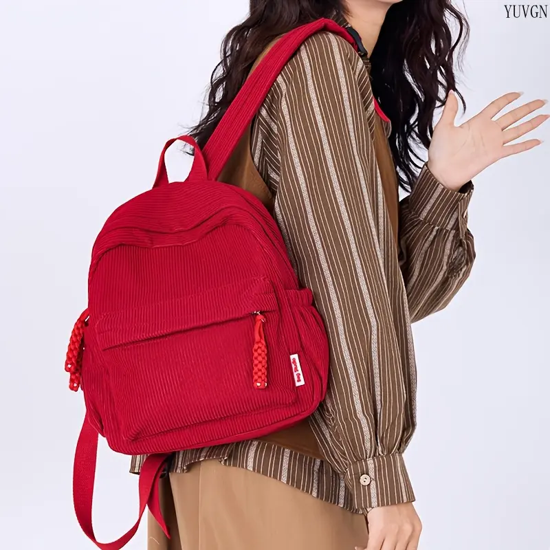Fashion Corduroy Backpack for Women, Adjustable Shoulder Straps Casual Daypack, Two-Way Zipper Multi-Pocket School Bag, Lightweight Versatile Travel Backpack in Multiple Colors, Perfect for Daily Commute, School & Casual Use,