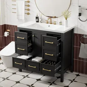 36'' Bathroom Vanity with Resin Sink Combo, Solid Wood Frame Bathroom Storage Cabinet, Freestanding Vanity Set with 5 Drawers& Soft Closing Doors (Same as N710S136002B + SW000142AAB