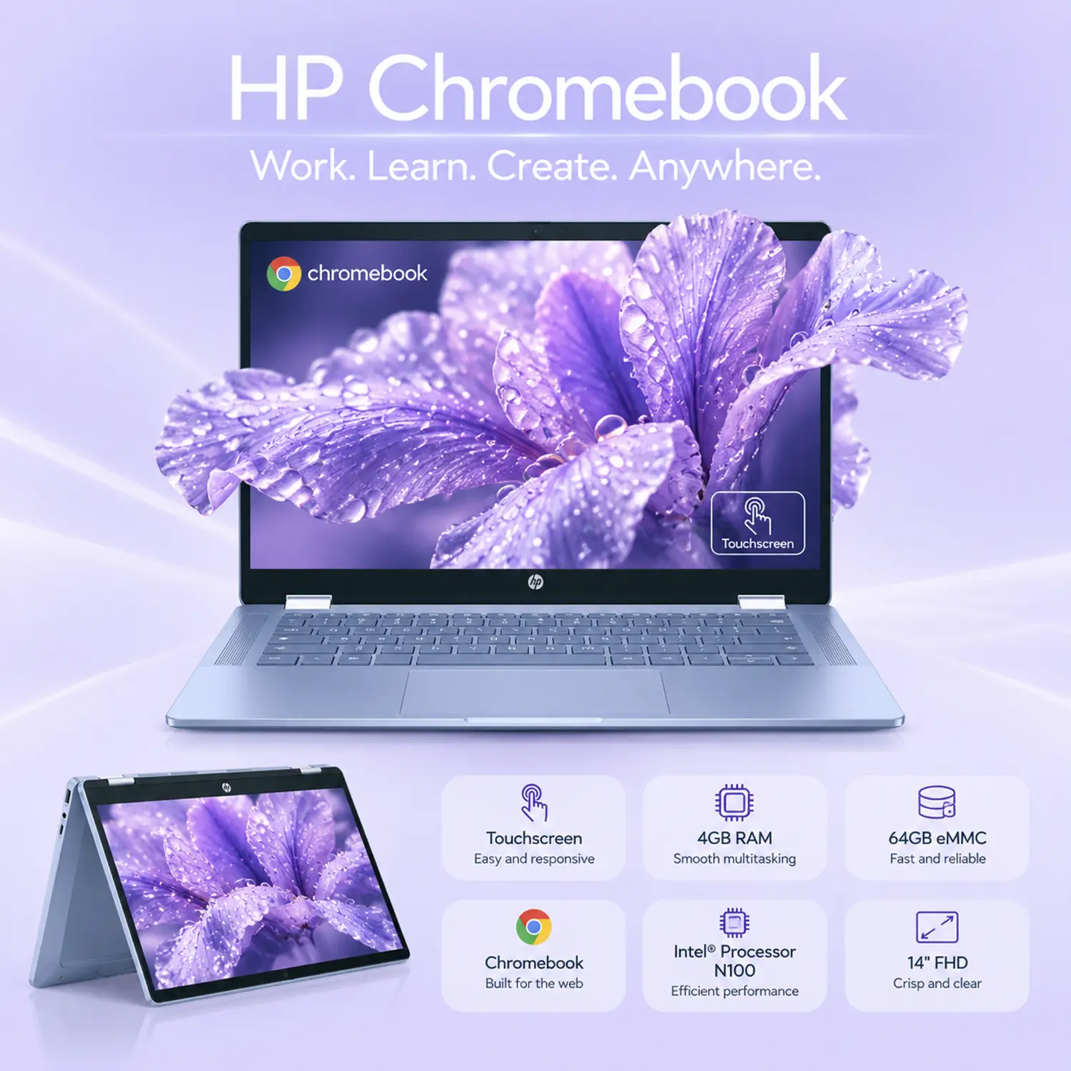 HP Chromebook 14" FHD Touchscreen Student Laptop, Intel Celeron N100 Processor, 4GB OnBoard RAM, 64GB eMMC Storage, Intel UHD Graphics, Sky Blue Laptops