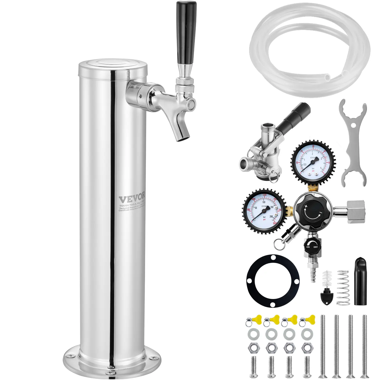 【SummerFinds】VEVOR Kegerator Tower Kit,  Single Tap Beer Conversion Kit, Stainless Steel Keg Beer Tower Dispenser with Dual Gauge CGA320 Regulator & D-System Keg Coupler, Self-Closing Spring for Party Bar Home