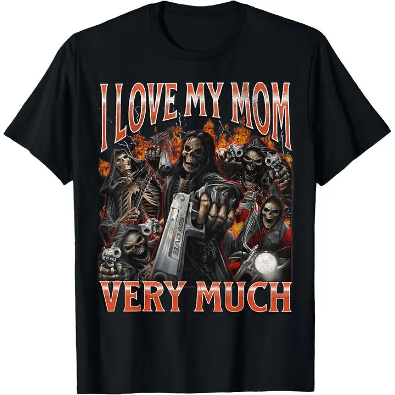 Streetwear Cotton T-Shirt with Funny 'I Love My Mom' Skeleton Meme Graphic - Casual Regular Fit Short Sleeve, Shortsleeve, Crew Neck