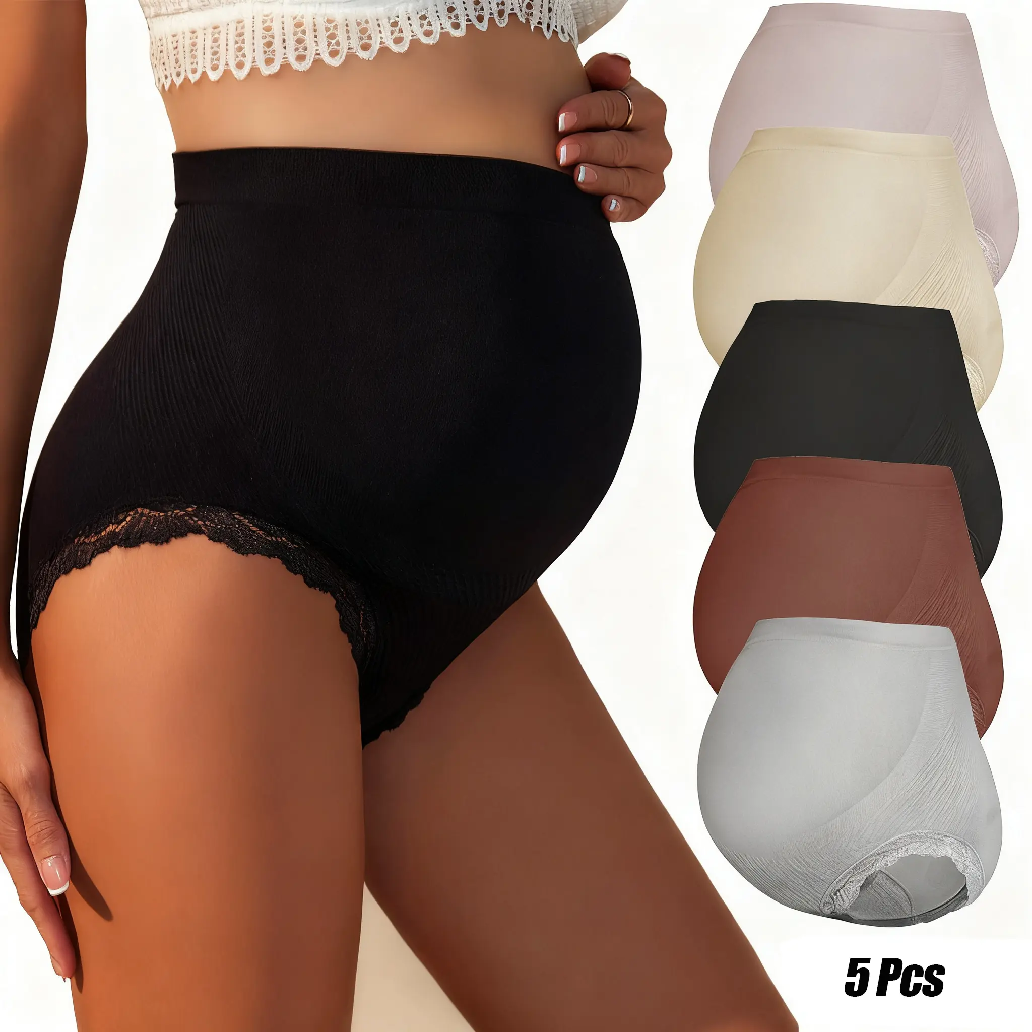 Women's High-Waist Maternity Panties 5-Pack, Full Coverage Briefs, Breathable Polyamide Blend, Belly Support, Maternity Supplies, Suitable for All Trimesters, Daily Activities & Easy Movement
