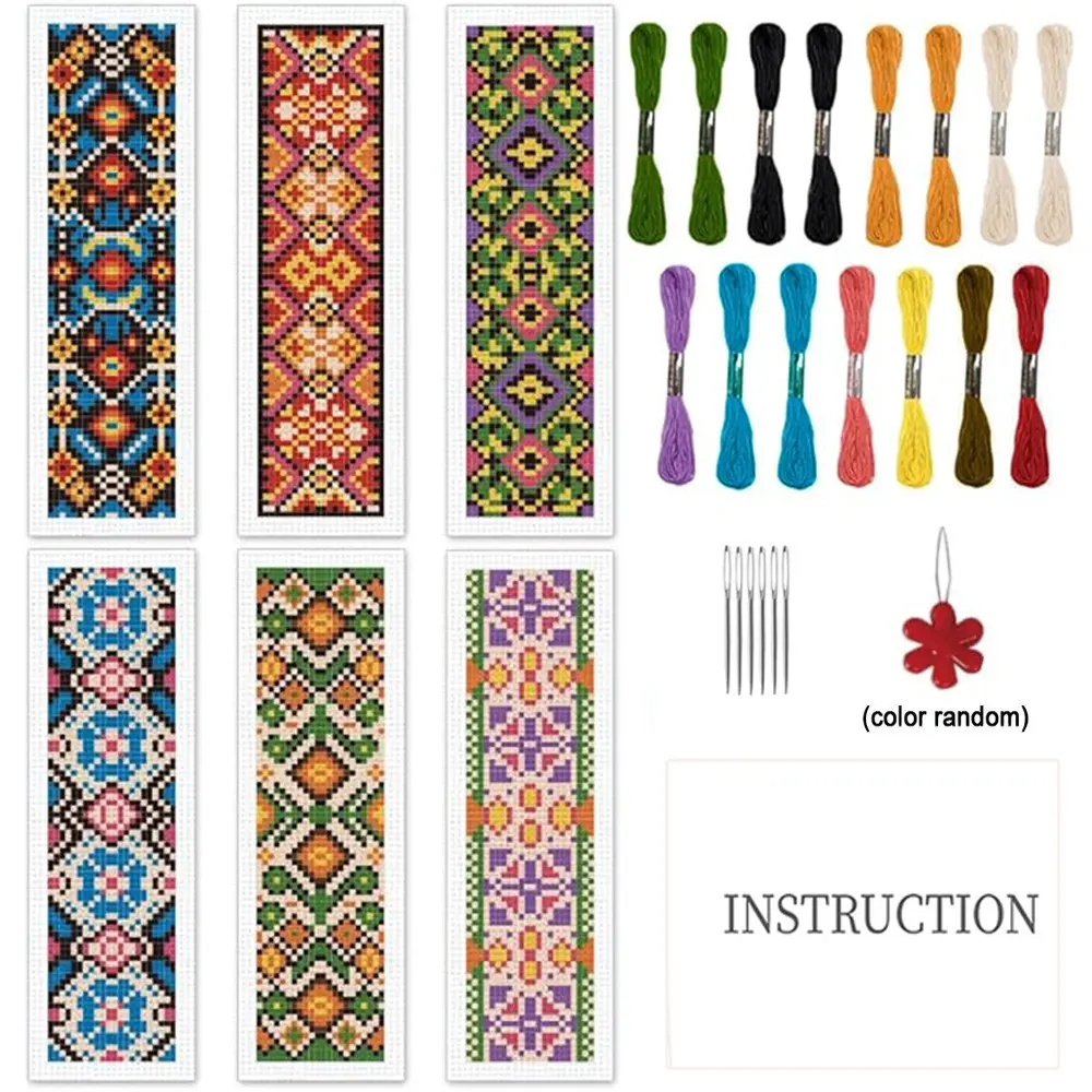 6-Piece Geometric Cross Stitch Bookmark DIY Kit, Beginner-Friendly Sewing Craft Set, Includes Fabric, Threads, Tools, Perfect Gift