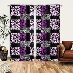 2pcs Window Curtains, Vibrant patchwork pattern with a checkerboard grid of purple leopard print, black and white zebra stripes, and solid black rectangles.Window Drapes for Bedroom Living Room, Rod Pocket Window Treatment