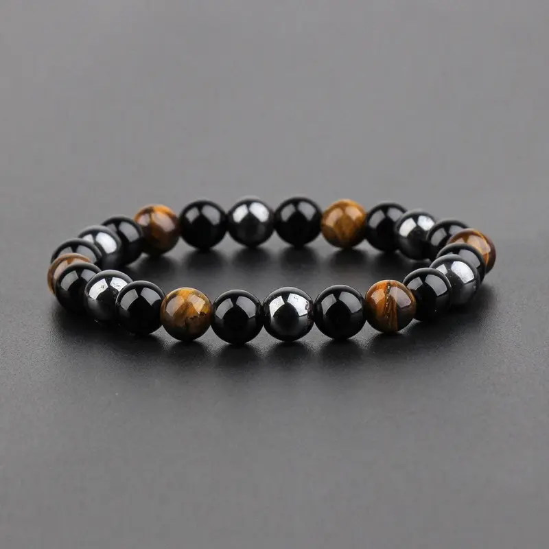 Triple Protection Natural Stone Beaded Bracelet, Handmade Boho Stretch Jewelry, Tiger's Eye Natural Crystal Bracelet Jewelry for Men Women Daily Wear, Bracelets For Women
