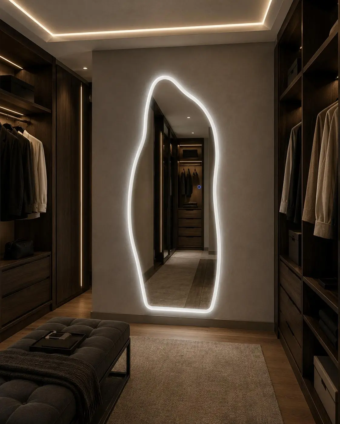Tempered Glass Irregular Wavy LED Full Length Mirror, Wall Mount Touch Dimmable Lighted Full Body Dressing Mirror, Shatterproof Anti-Explosion Asymmetrical Decor Mirror for Bedroom Closet Entryway Home Wall Decor