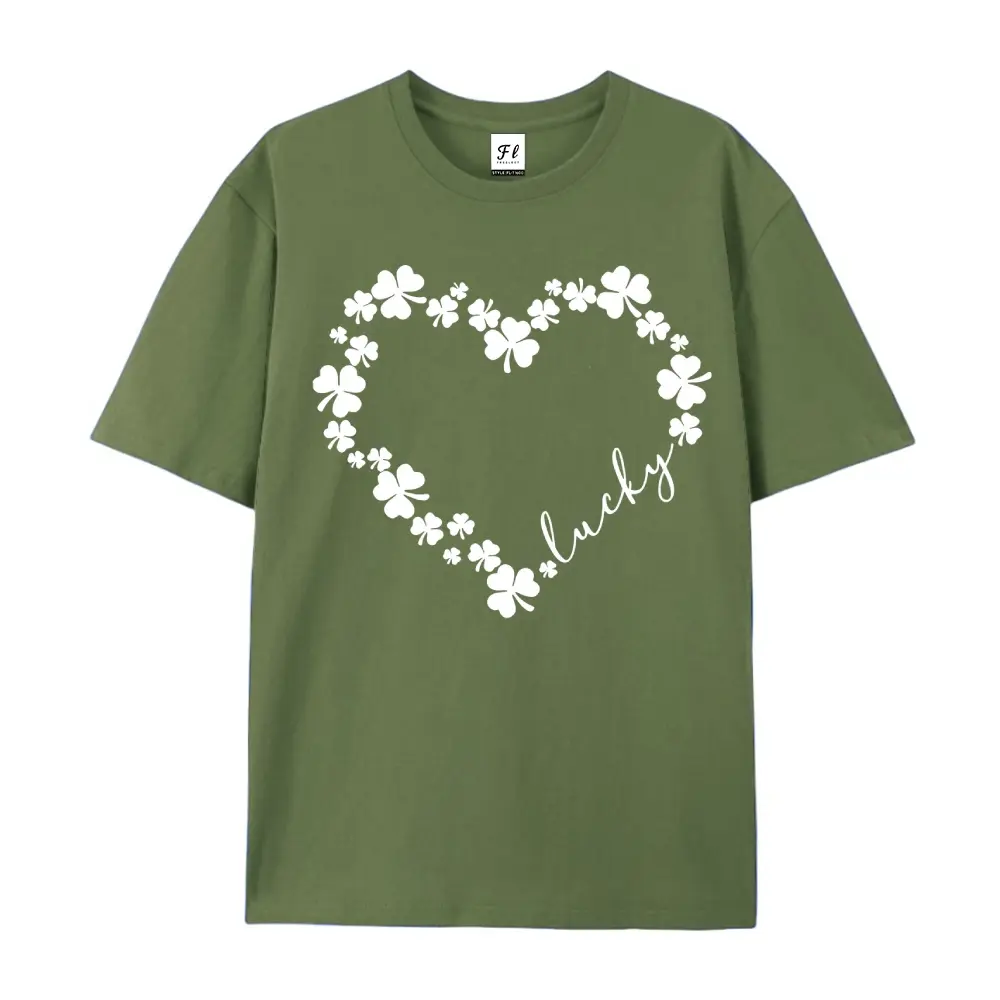 Women's Lucky Shamrock Heart Graphic Short-Sleeve Oversized Crewneck T-Shirt - Green Clover Print, Cute Casual Streetwear Style, Breathable Fabric Top for St. Patrick's Day, Spring Festivities