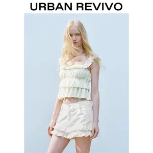 URBAN REVIVO Lady's Basic Elegant Sleeveless Layered Tiered Short Cami Top - Style UYY250035, Springtok-Inspired Summer Women's Tank Clothes