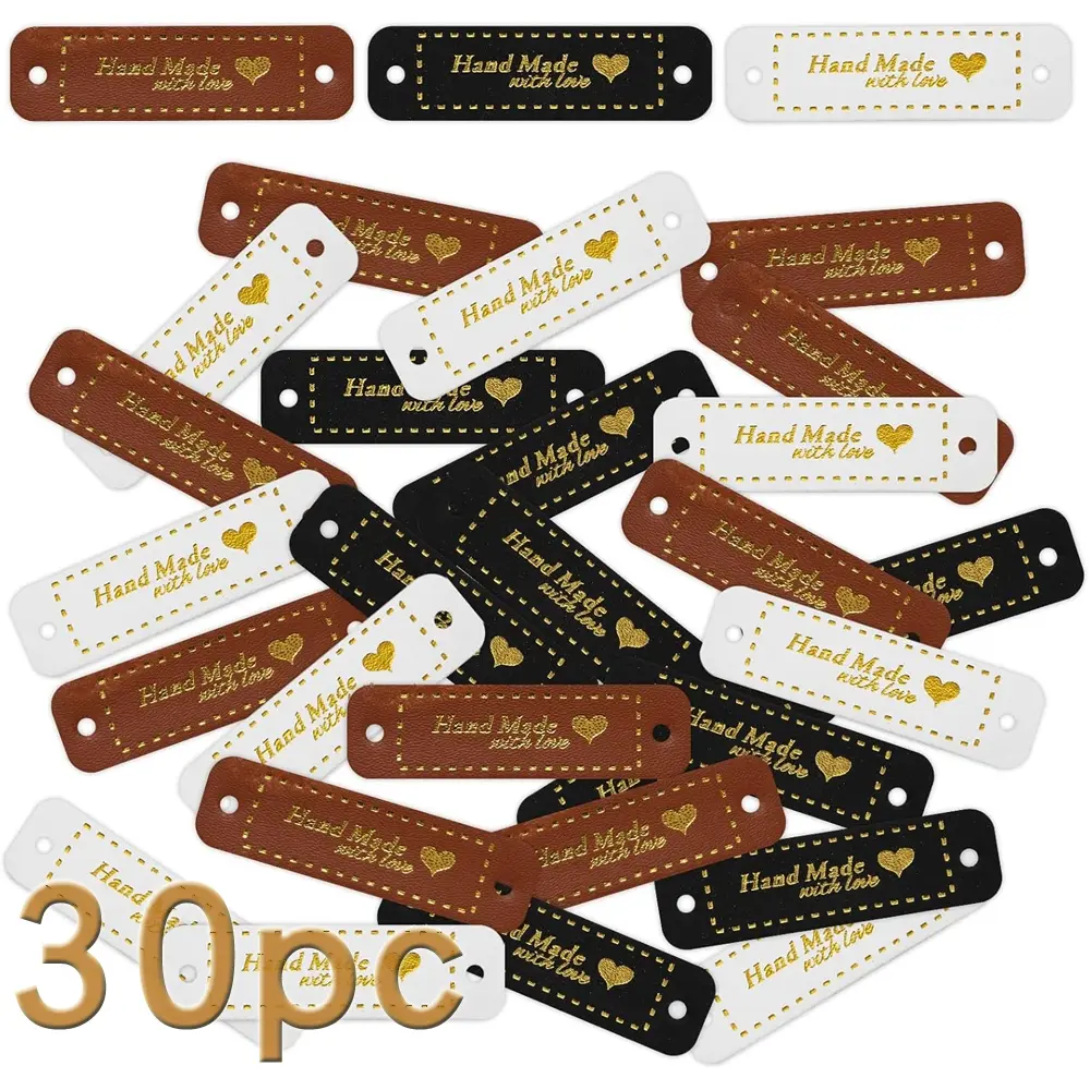 30pcs Handmade PU Leather Tags, Embossed Hook Loop Tags with Holes, Super Fine Fiber Leather Labels for Knitting Hats DIY Crafts, Handcrafted