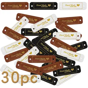 30pcs Handmade PU Leather Tags, Embossed Hook Loop Tags with Holes, Super Fine Fiber Leather Labels for Knitting Hats DIY Crafts