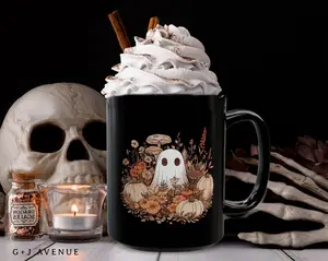 Vintage Retro Halloween Ghost Floral Mug, Autumn Coffee Cup, Spooky Black Decor, Gift for Fall Lovers, Witchy Kitchenware