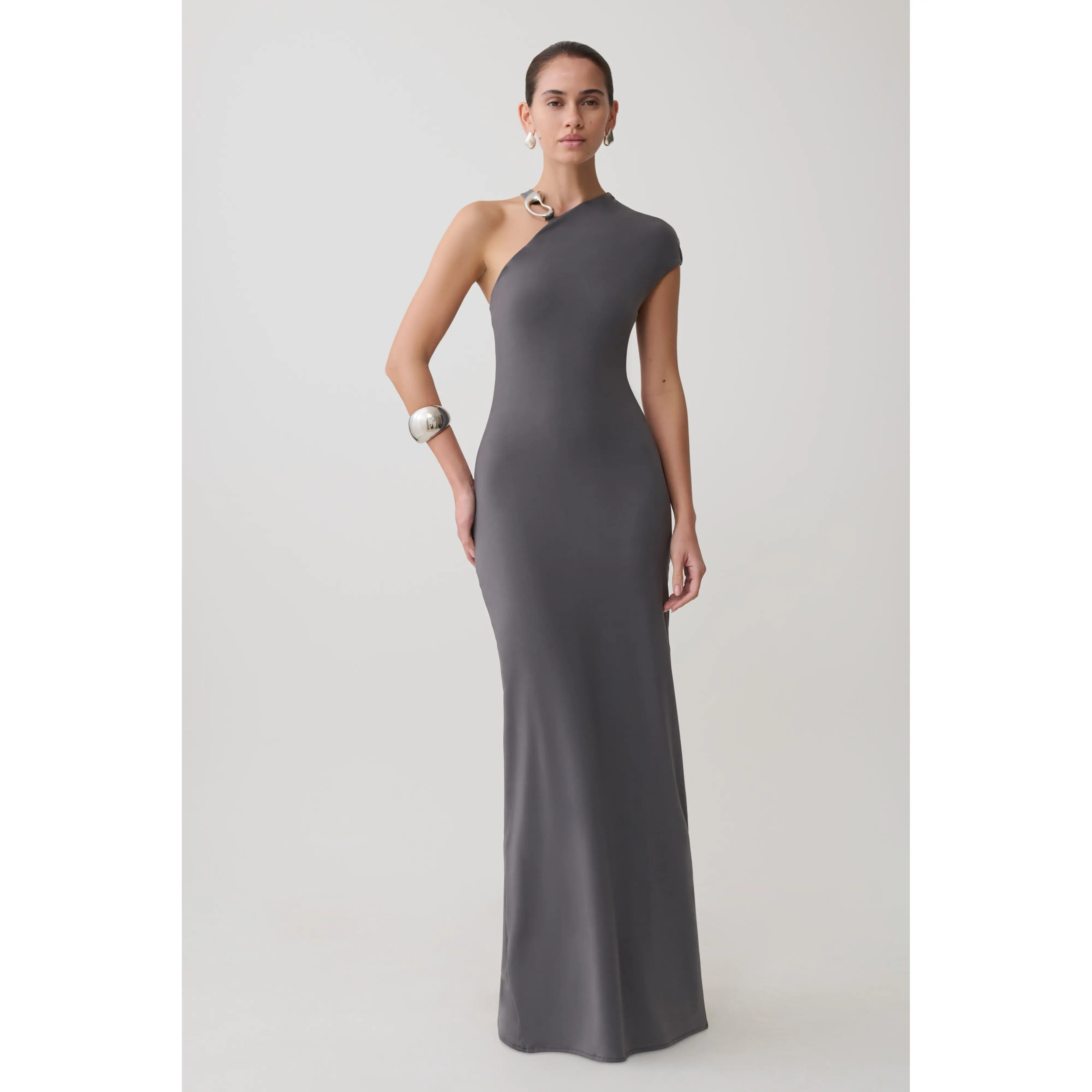 Oden Slinky Maxi Dress With Hardware - Grey