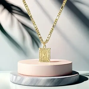 1pc, 14k Golden Plated Square Lace Initial Pendant Necklace for Men & Women, Capital Monogram Chunky Jewelry Necklace Letter From A-z with Figaro Chain, Couple Accessories Commemorative Gift, Hypoallergenic, Best Gift for Her
