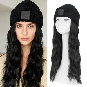 Knitted Hat With Hair Extensions Beanie Warm Hat Wig Long Curly Wavy Body Wave Synthetic Black White Grey Red Knitted Hair Wig For Women