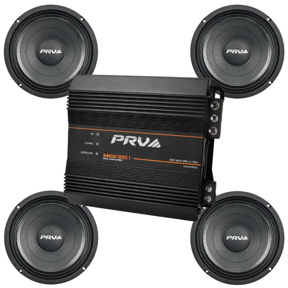 PRV Audio Bundle 4x 8MB450-4 v2 8" Midbass Loudspeaker 1x MDX1800.1 1 Ohm Mini 1-Channel 1800W RMS Amplifier