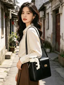 Soft Texture Leather Shoulder Bag, Hands Free Design With Separate Water Cup Position, Multi-compartment Classified Storage Casual Bag For Travel Shopping Outdoor Activities
