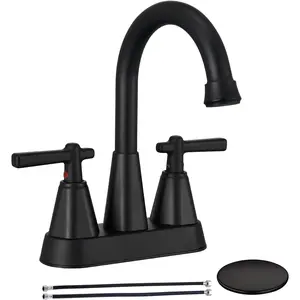 Matte Black Bathroom Sink Faucet,  4 Inch Bathroom Faucet for Sink 3 Hole, 2 Handle Centerset with Pop Up Drain Assembly and 2 Water  Hoses for RV Vanity
