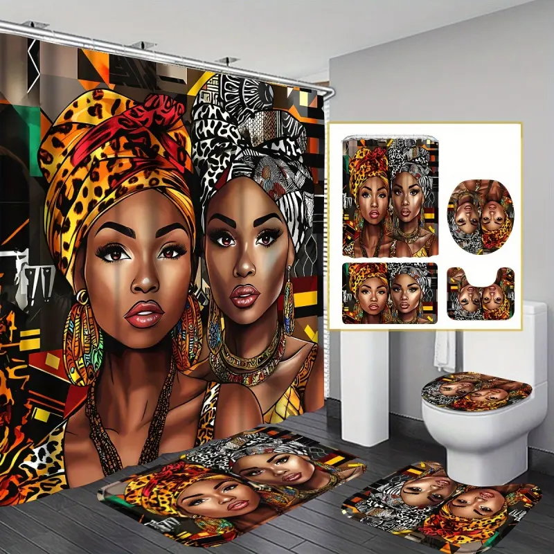 African American Theme 4-Piece Bathroom Accessory Set - Elegant Golden Cube Ghost Halloween Decor, Polyester Machine-Washable Shower Curtain, Non-Slip Rugs, Toilet Pads, Bathroom Decor Gift Set