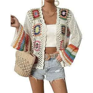 Floral Crochet Cardigans for Women Trendy Spring Summer Hollow Out Open Front Boho Cardigan Sweater Tops Shrug sale lace lover granny square Vintage Tribal Knit Cardigan with Belt Casual Long Sleeve