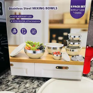 6 Piece Mixing Bowl with Lids Set,Stainless Steel Storage Bowls Kitchen,3 Grinder Attachments,Tableware Food Organizer Nesting Bowls Cooking Baking Airtight