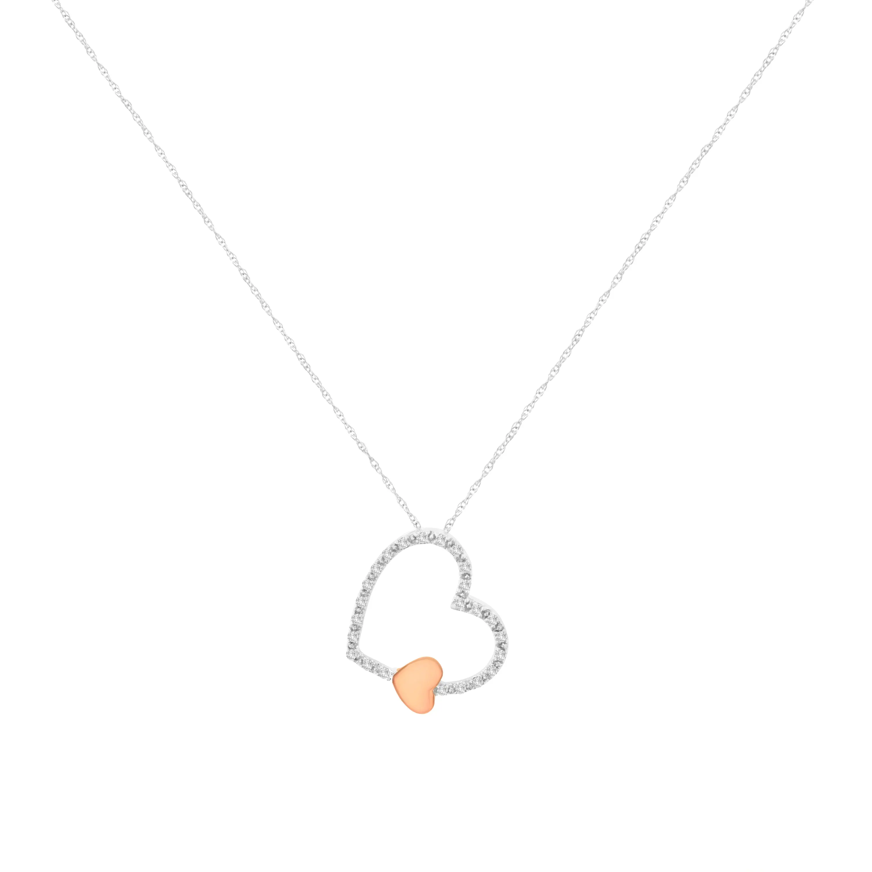10KT Two Tone Gold 1/6 cttw Diamond Floating Heart Pendant Necklace