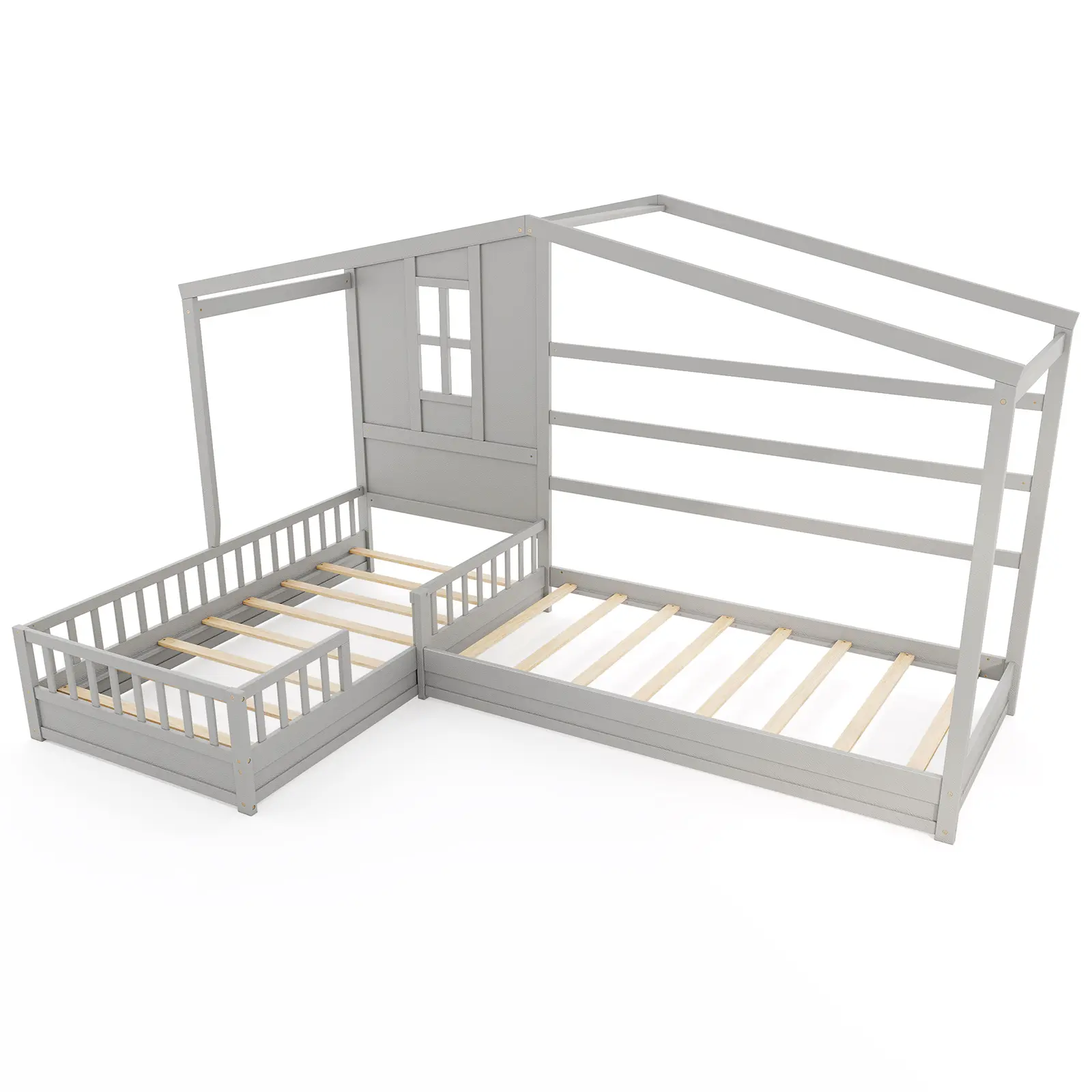COSTWAY - L-shaped Double Twin Beds House Platform Beds with Fences Corner Bed Frame-Gray COSTWAY - L-shaped Double Twin Beds House Platform Beds with Fences Corner Bed Frame-Gray