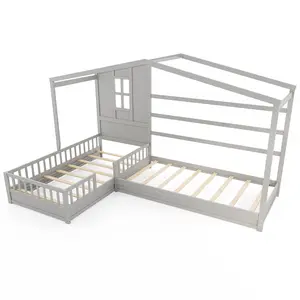 COSTWAY - L-shaped Double Twin Beds House Platform Beds with Fences Corner Bed Frame-Gray