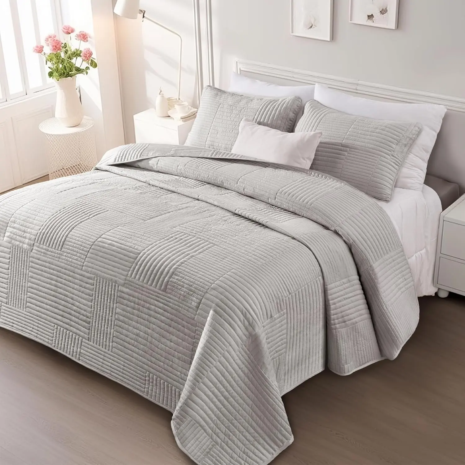 Flotilla Soft King Bedding Set, Lightweight Microfiber Light Grey Bedspreads Oversized, 3 Piece Ultrasonic Coverlet Bed Cover for All