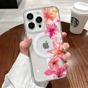 Cute Lilies Flower Pattern Magnetic Clear Case for iPhone 17 16 15 14 13 12 11 Pro Max X XS MAX Air 17E Super Magnetic Attraction Shockproof Protective Phone Case Compatible with MagSafe Accessories Girly Gift