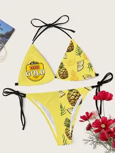 Gold Boho Pineapple Drinking Triangle Bikini Set FY1