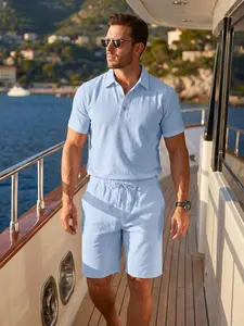 Men's 95% Premium Linen Set, Ultra-Lightweight Breathable Polo Shirt & Shorts, Sage Resort Wear, Old Money Style Summer Suit