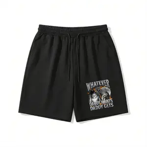 Men's "Whatever Daddy Wants Daddy Gets" Wolf Print Shorts, Casual Streetwear Drawstring Sweat Shorts, Comfy Summer Humor & Daily Wear for Guys Black Fleece-Lined Unisex