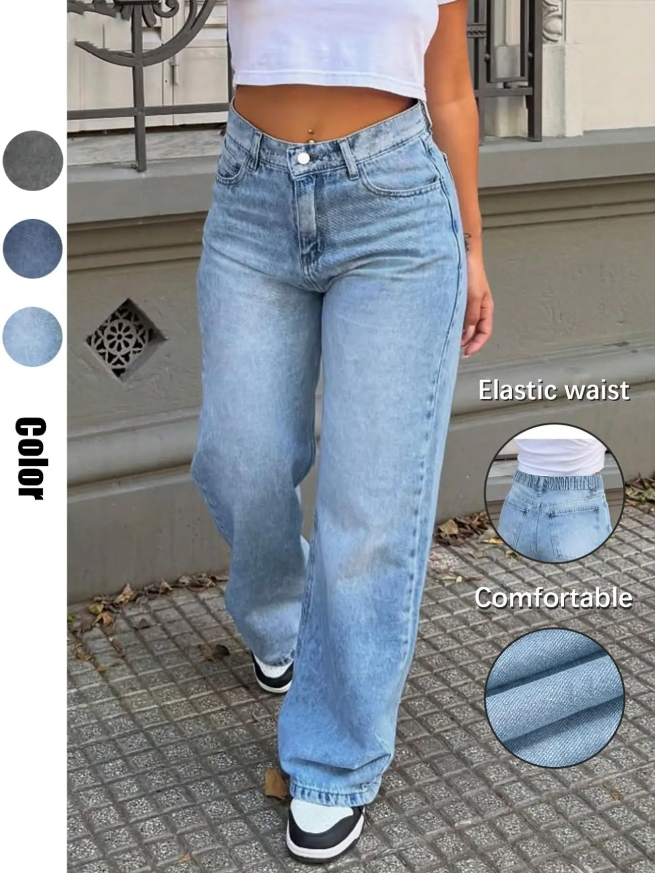 Women's Fashion Elastic Waist Wide-Leg Light Wash Jeans, Mid Waist & Button Fly Design, Comfortable Daily Wear, Casual Loose-Fit Denim Pants for All Seasons