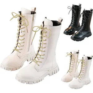 Kpop Demon hunters Lace Up Riding Boots Mid Calf Combat Boots Lace Up Riding Boots Mid Calf Combat Boots PU Leather Side Zipper Punk Goth Boot Halloween gift