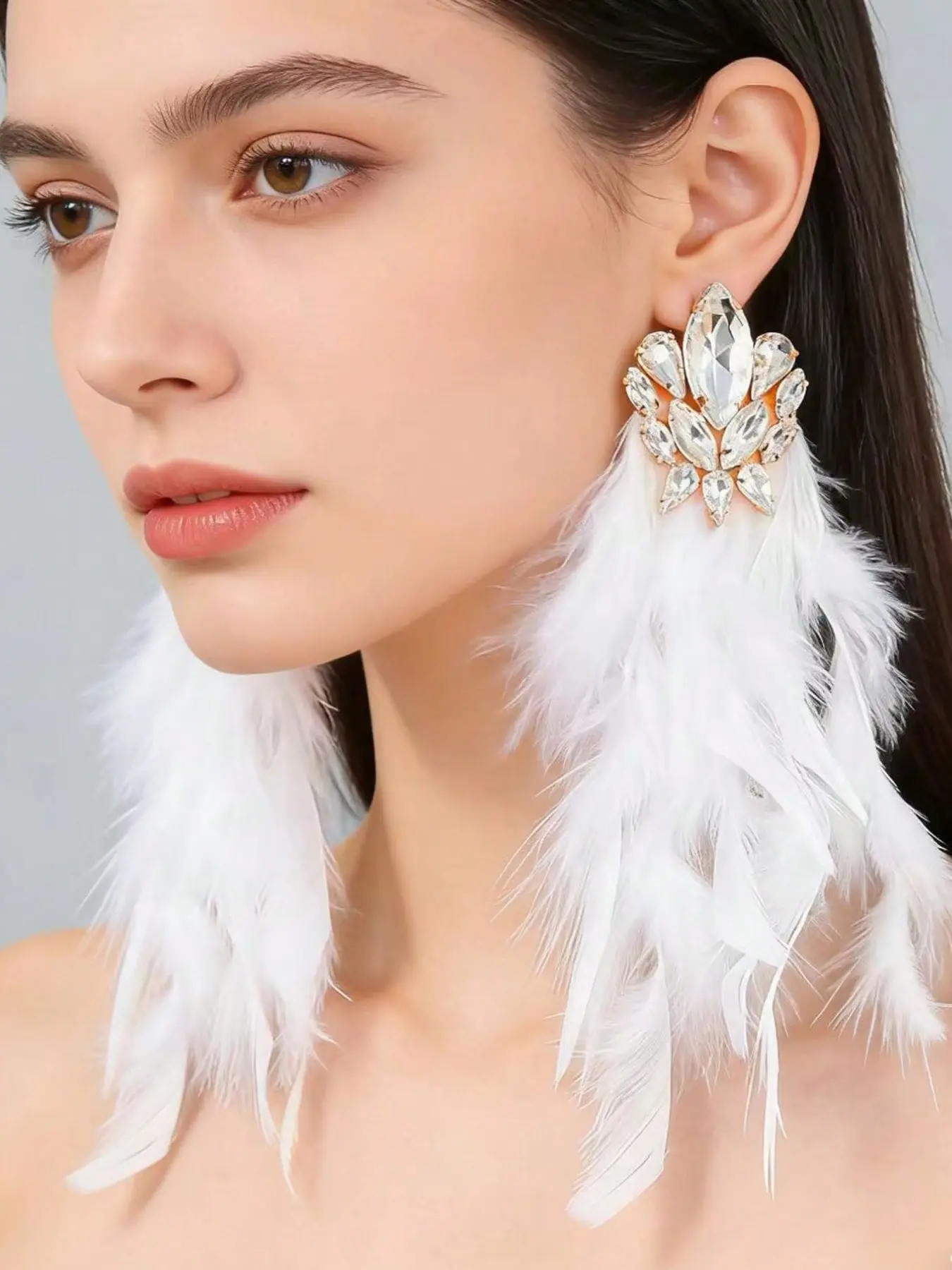 Colorful Exaggerated Feather Rhinestone Earrings, Fashionable Earrings, Fashion Party Rave Accessories, Statement Jewelry for Women, Trendy Ear Studs