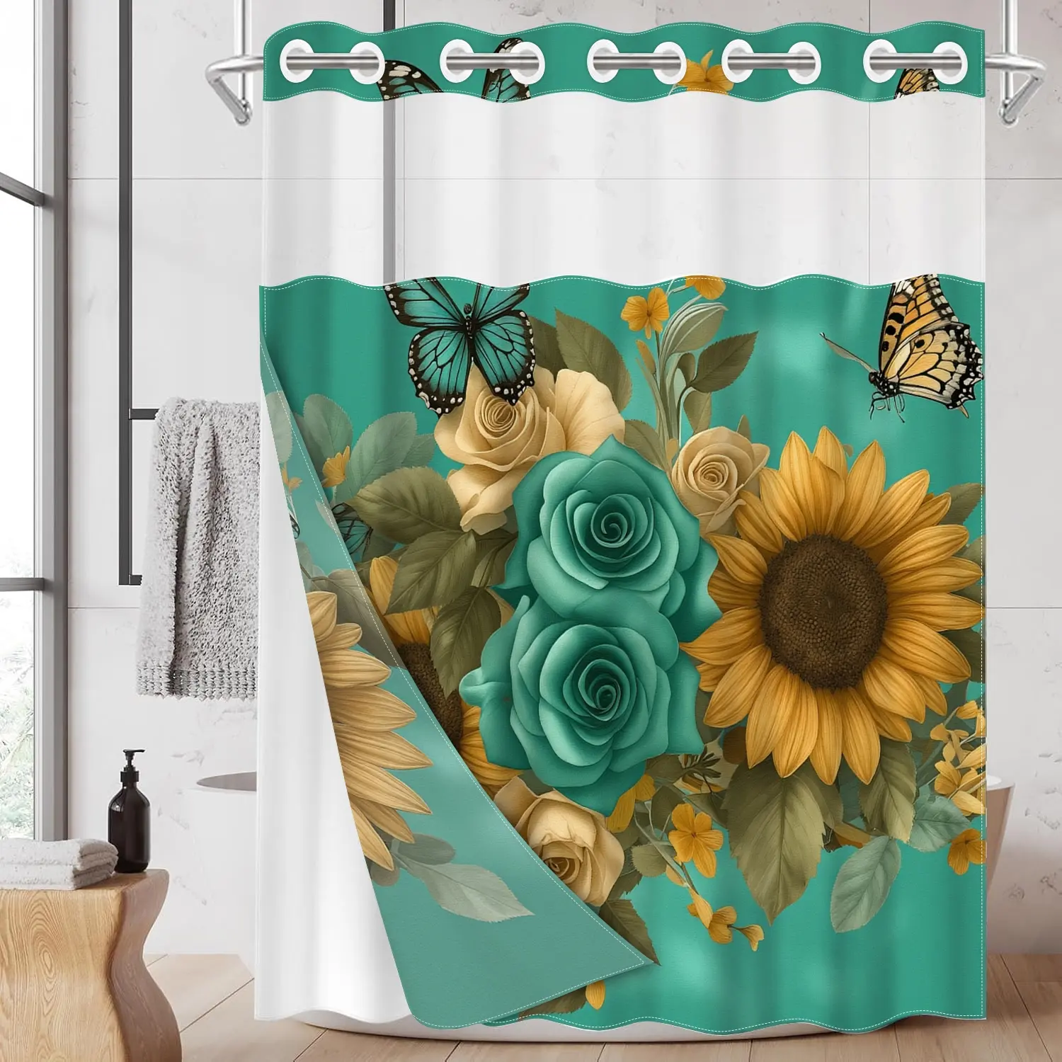 1pc 2D Flat Printing hookless shower curtain hanger liner Blue Rose Picture Fabric waterproof lining floral Bathroom Shower Curtain, Decorative shower curtain, with transparent window, double-layer shower curtain, 71 x 74 inches, home curtain decoration
