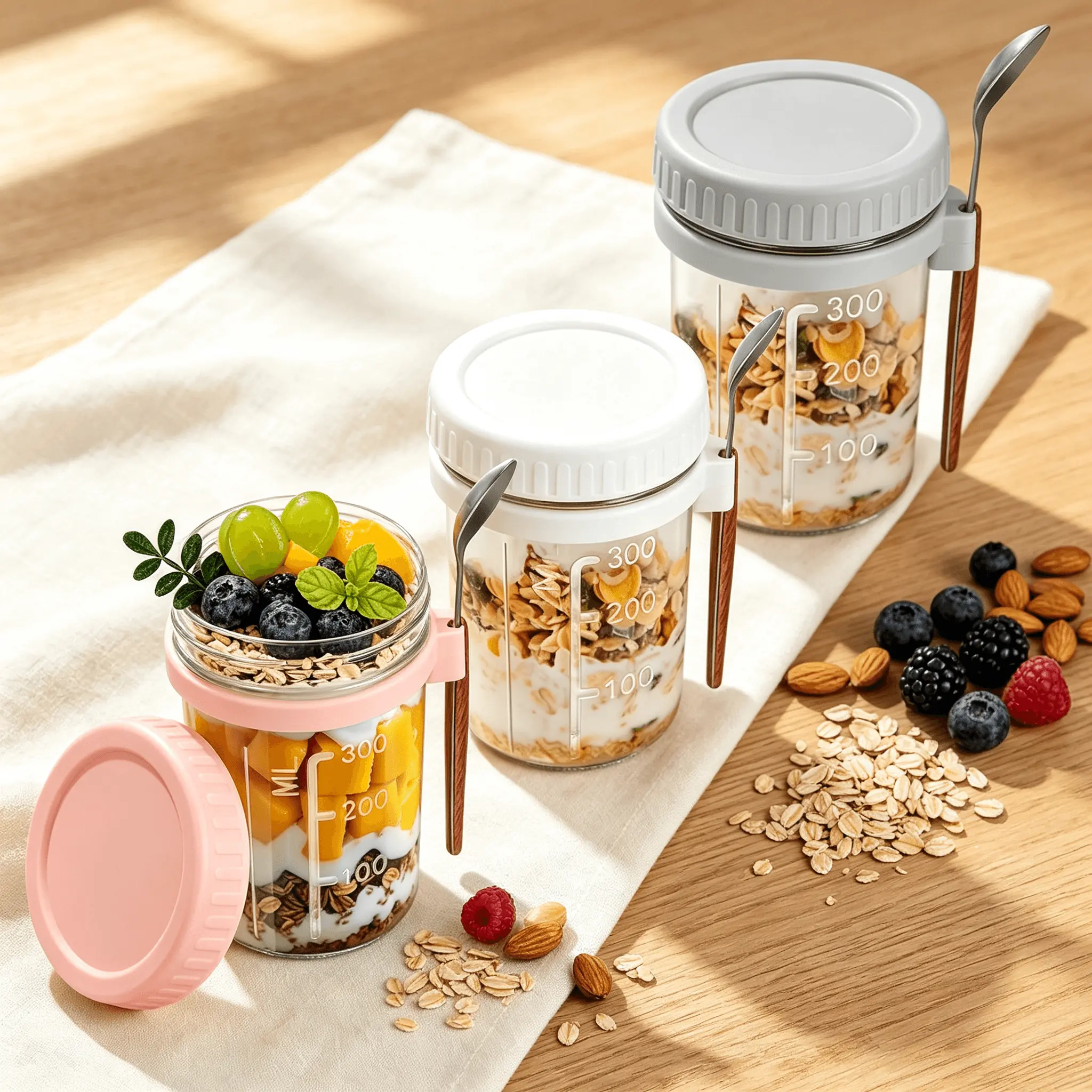 16 oz Overnight Oats Jar with Lid and Spoon, Leak-Resistant Glass Breakfast Container with Measurement Marks and Built-In Spoon Holder, Yogurt Parfait Cup for Meal Prep, Work, School and Travel