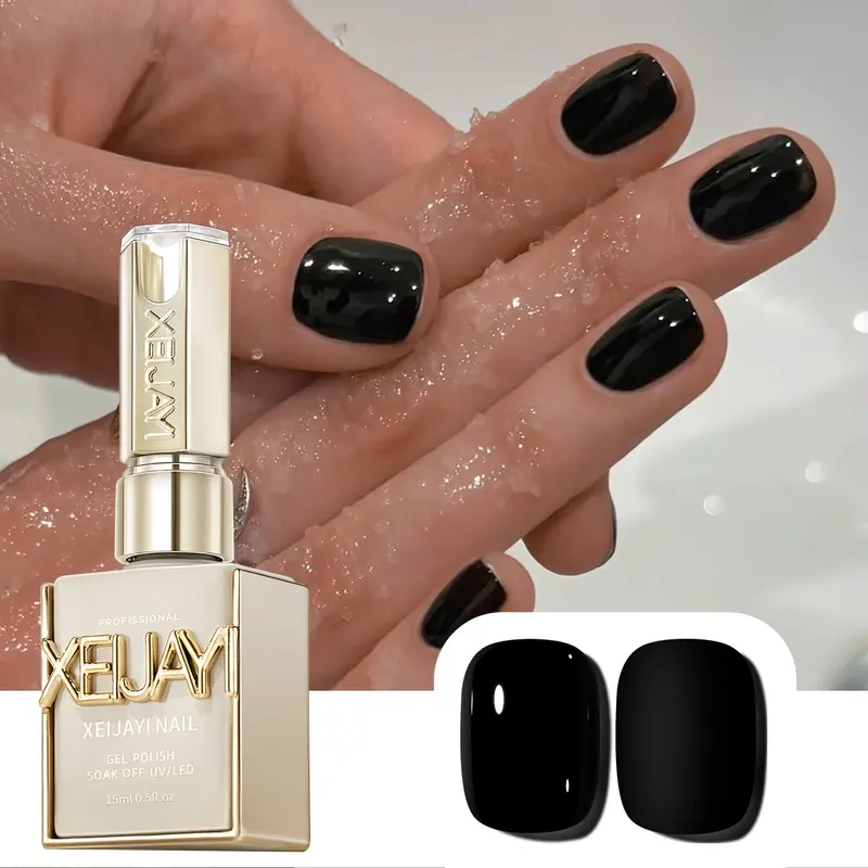XEIJAYI 1Pc 15ml 【TPO&HEMA Free】 No.50 Pure Black Gel Nail Polish, Solid Color Gel with Glossy Finish, Picture Frame Bottle Design, LED Curing Nail Gel for DIY Manicure, Home Styling, Salon Nail Art and Creative Designs, Gel Nails At Home
