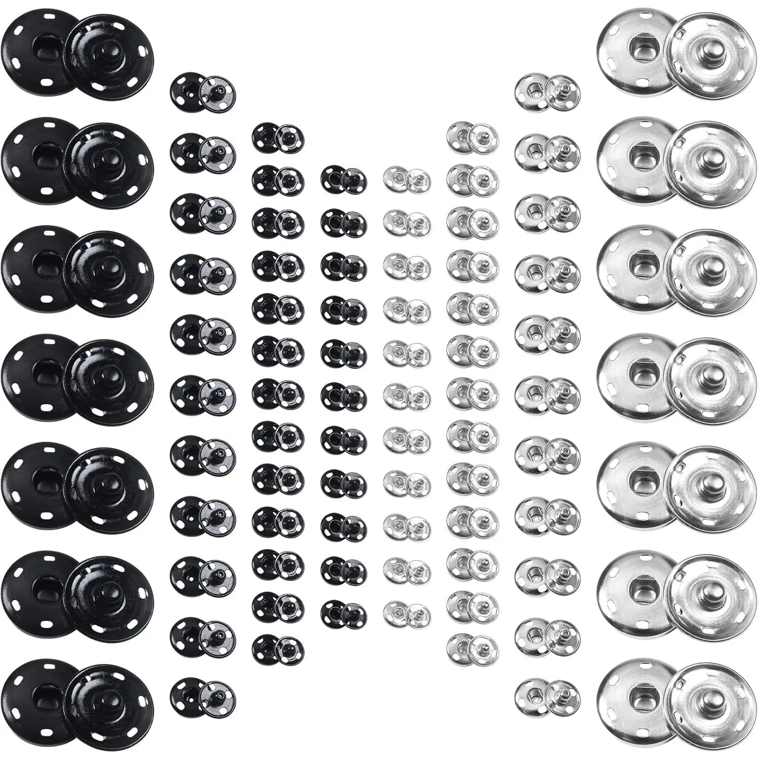 100-Set Brass Sew-On Snap Buttons Kit with Plain Fake Buttons, Press Stud Fasteners, Sew-On Convenience, Assorted Sizes 8.5mm/10mm/12mm/25mm Black for Coats, Backpacks