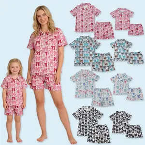 Pink bow kids girls short sleeve pajama set mommy and me matching sleepwear