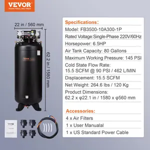 VEVOR 80 Gallon Air Compressor, 6.5HP 15.5SCFM90 PSI, 145PSI Oil Free Stationary Air Compressor Tank, 86dB Ultra Quiet Compressor for Industrial Manufacturing, Construction Sites, Auto Repair