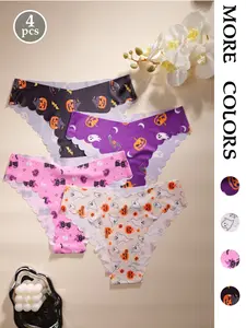 4 Pack Halloween Theme Seamless Underwear, Pumpkin Ghost Witch Hat Moon Fun Prints, Slippery Breathable Invisible Fit, All Seasons