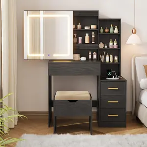 Vanity Desk with Mirror & Lights, 4-Drawer Makeup Table Set, Charging Station, LED Sliding Mirror, 3 Color Modes, Adjustable Storage Shelves, Black, girl