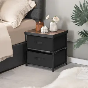 COSTWAY - 2-Drawer Nightstand with Removable Fabric Bins and Pull Handles Set of 2-Black