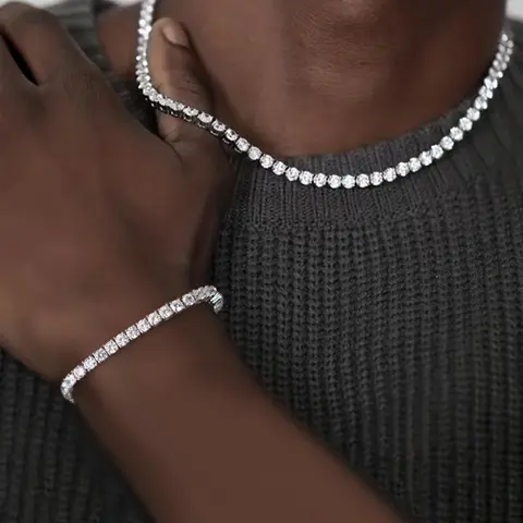 Men's Rhinestone Decorated Necklace & Tennis Bracelet, Fashion Jewelry for Party, Daily Clothing Decor, Trendy All-match & Exquisite Jewelry for Birthday Gift, Zirconia Jewellery Gift Set, Jewelry Sets