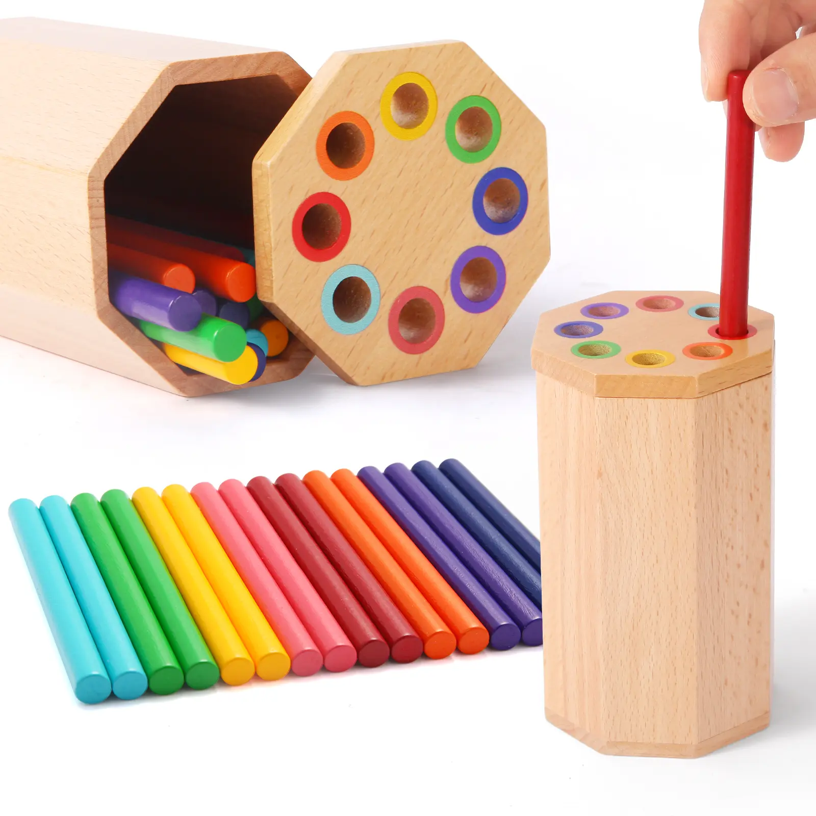 Hatwoo Wood Color Sorting Sensory Learning Toy Set - Craft Sticks, Magnetic Blocks, Tiles, Pen Holder Compatible for 0-3 Years Old (12-18 Months) - Fine Motor/Size Recognition, Toddler Must Haves, Birthday Gifts