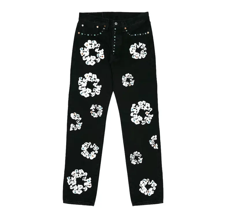 Denim Tears x Levi's 501 Rhinestone Cotton Wreath Logo Jeans Black White